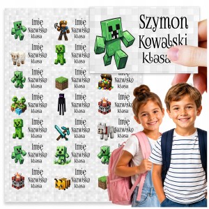 NAKLEJKI SZKOLNE IMIENNE NA ZESZYTY + MINECRAFT - ZESTAW 21szt. [wzór2]