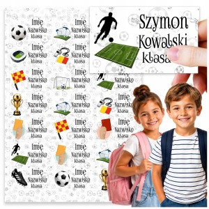 NAKLEJKI SZKOLNE IMIENNE NA ZESZYTY + PIŁKA NOŻNA - ZESTAW 21szt. [wzór6]