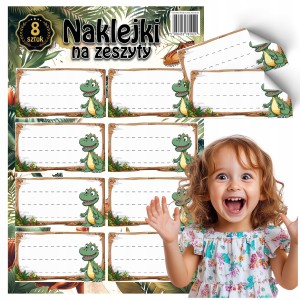 NAKLEJKI NA ZESZYTY DO SZKOŁY DINOZAURY MOCNY KLEJ - 8 SZTUK [wzór14]