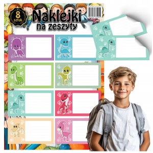 NAKLEJKI NA ZESZYTY DO SZKOŁY DINOZAURY MOCNY KLEJ - 8 SZTUK [wzór17]